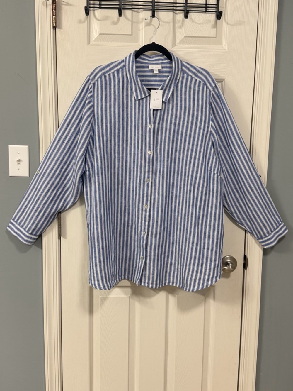 J. Jill Blue and White Striped Linen Button-Front Shirt - Picture 13 of 16